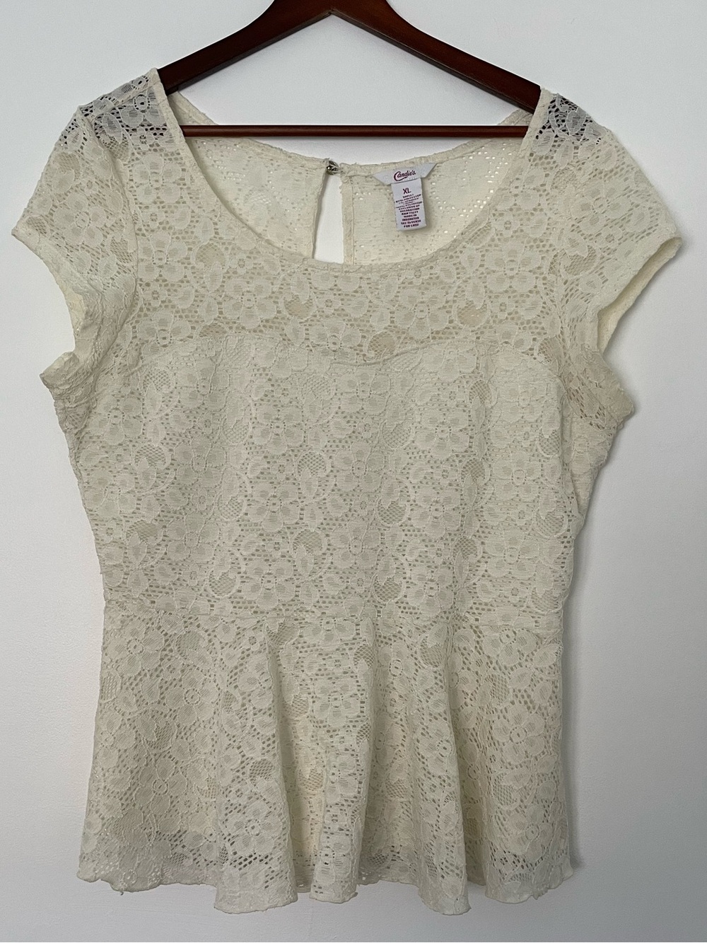 Candie’s XL Ivory Floral Lace Peplum Top Romantic Coquette Y2K Cottagecore Twee